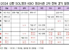 2024 신한 SOL뱅크 KBO 정규시즌 2차 잔여 경기 일정 확정 기사 이미지