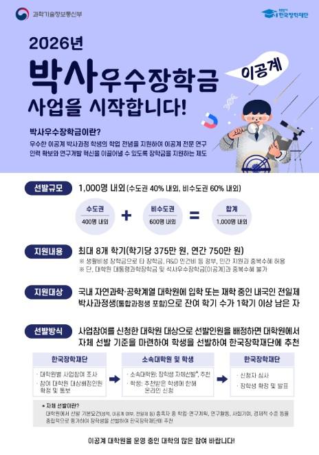 과기정통부, 이공계 박사 우수장학금 사업 첫 시행