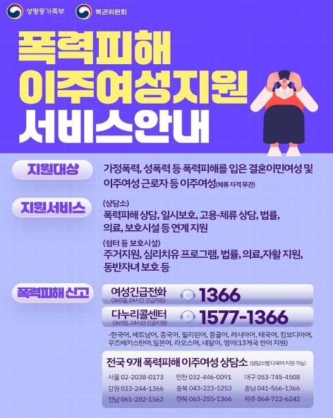 성평등가족부, 폭력피해 이주여성 지원 서비스 안내