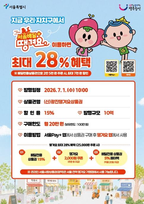 상반기 완판 이어간다… 광진구, 땡겨요 상품권 7월 1일 10억 원 발행 기사 이미지