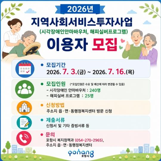 포항시, 지역사회서비스투자사업 이용자 265명 신청 접수 기사 이미지