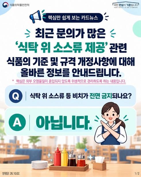 식품의약품안전처, 식탁 위 소스류 등, 비치가 전면 금지되나요? 기사 이미지